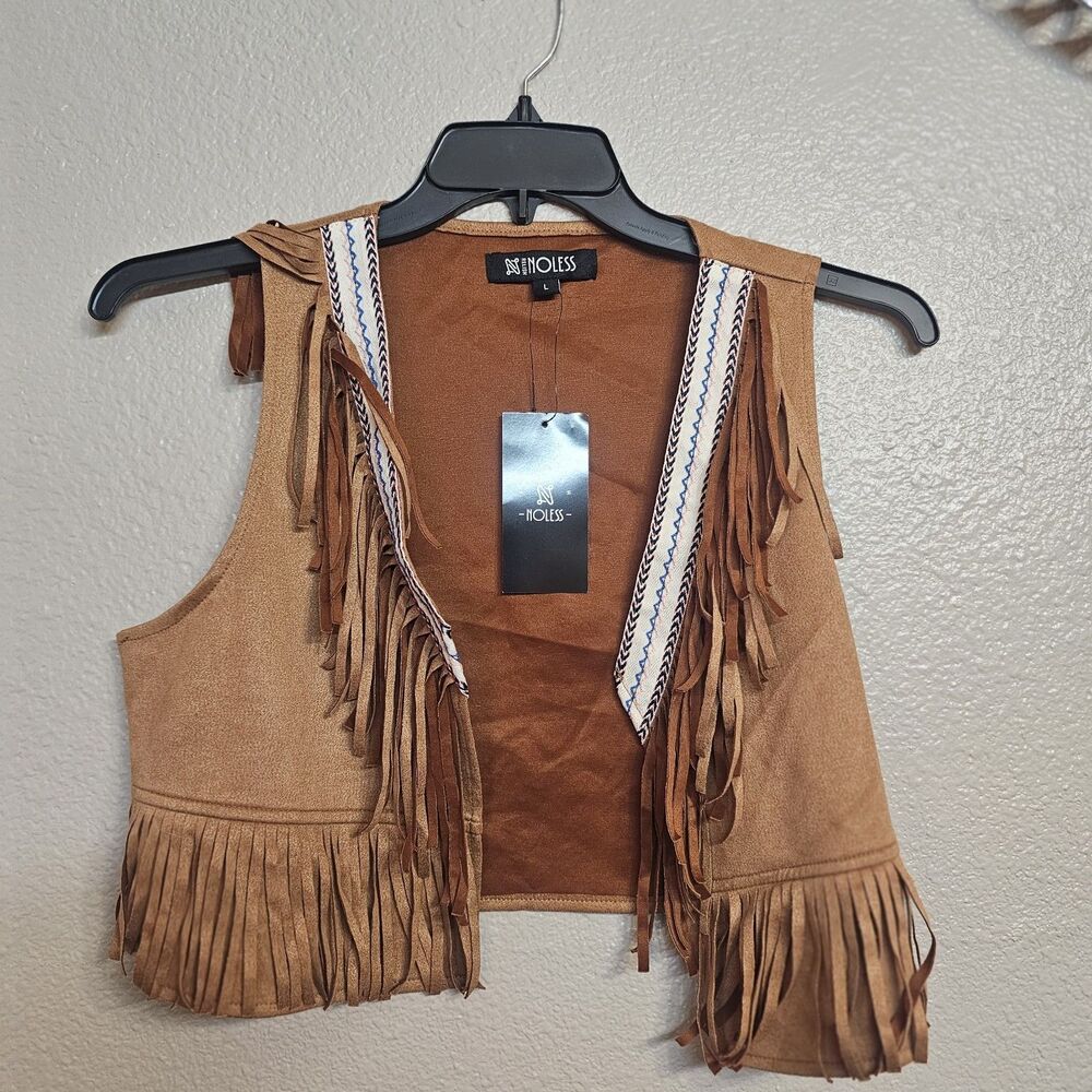 Noless Women’s Faux Suede Fringe Vest Tan Western Boho Open Front Sz Large S380